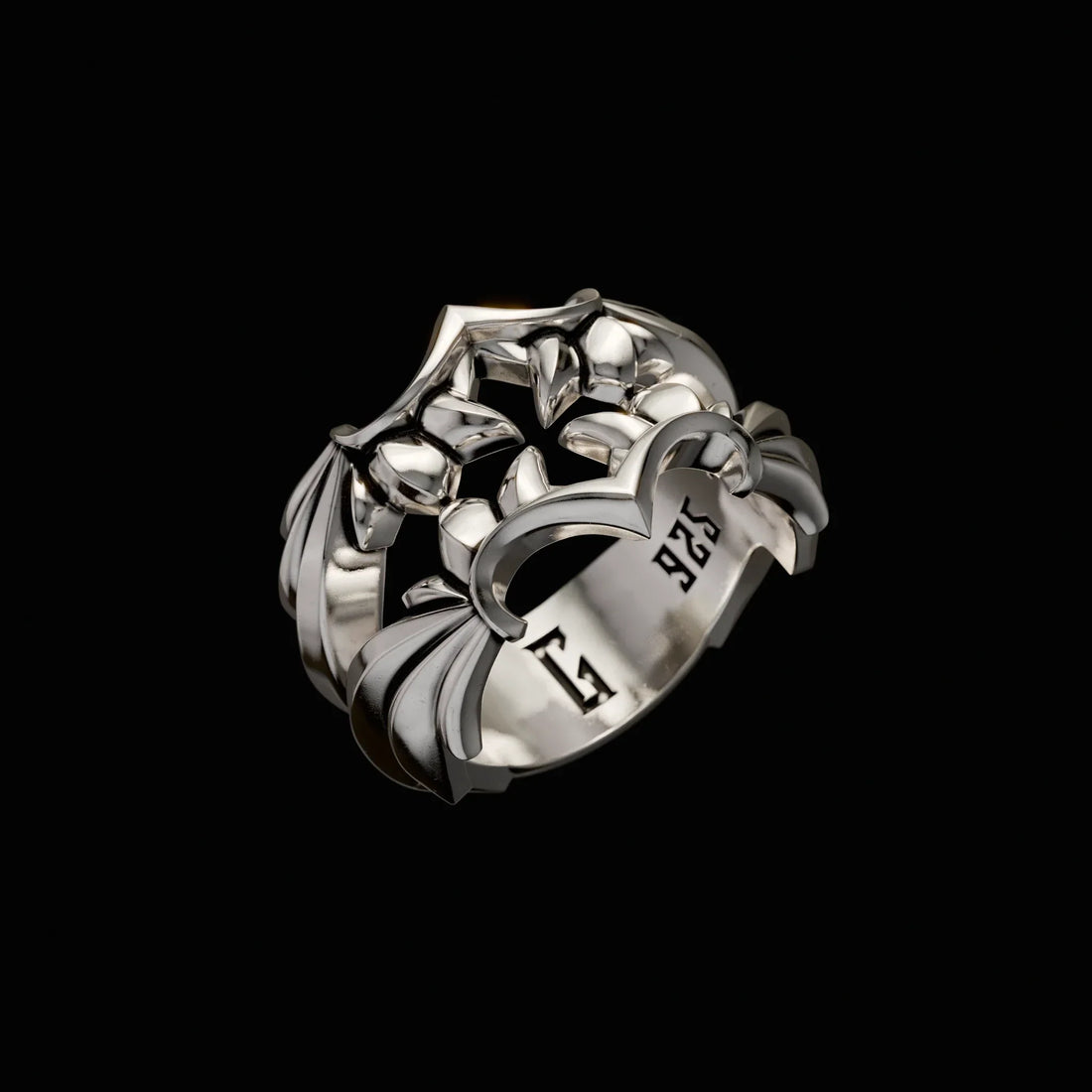 GINTON Fallen Ring — sterling silver heavy dark luxury ring featuring gothic-inspired sculptural design, crafted as a modern heirloom.