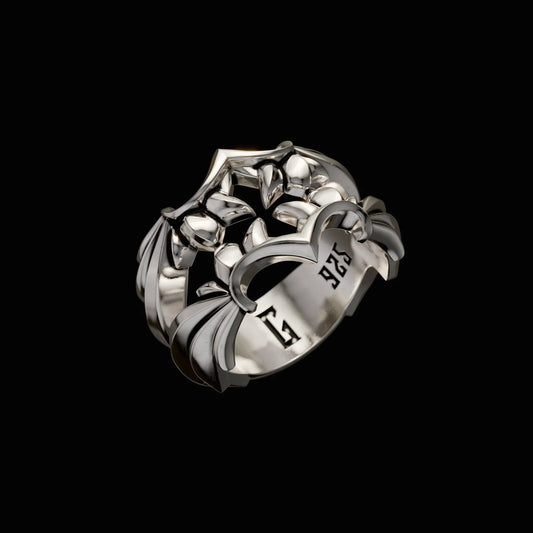 GINTON Fallen Ring — sterling silver heavy dark luxury ring featuring gothic-inspired sculptural design, crafted as a modern heirloom.