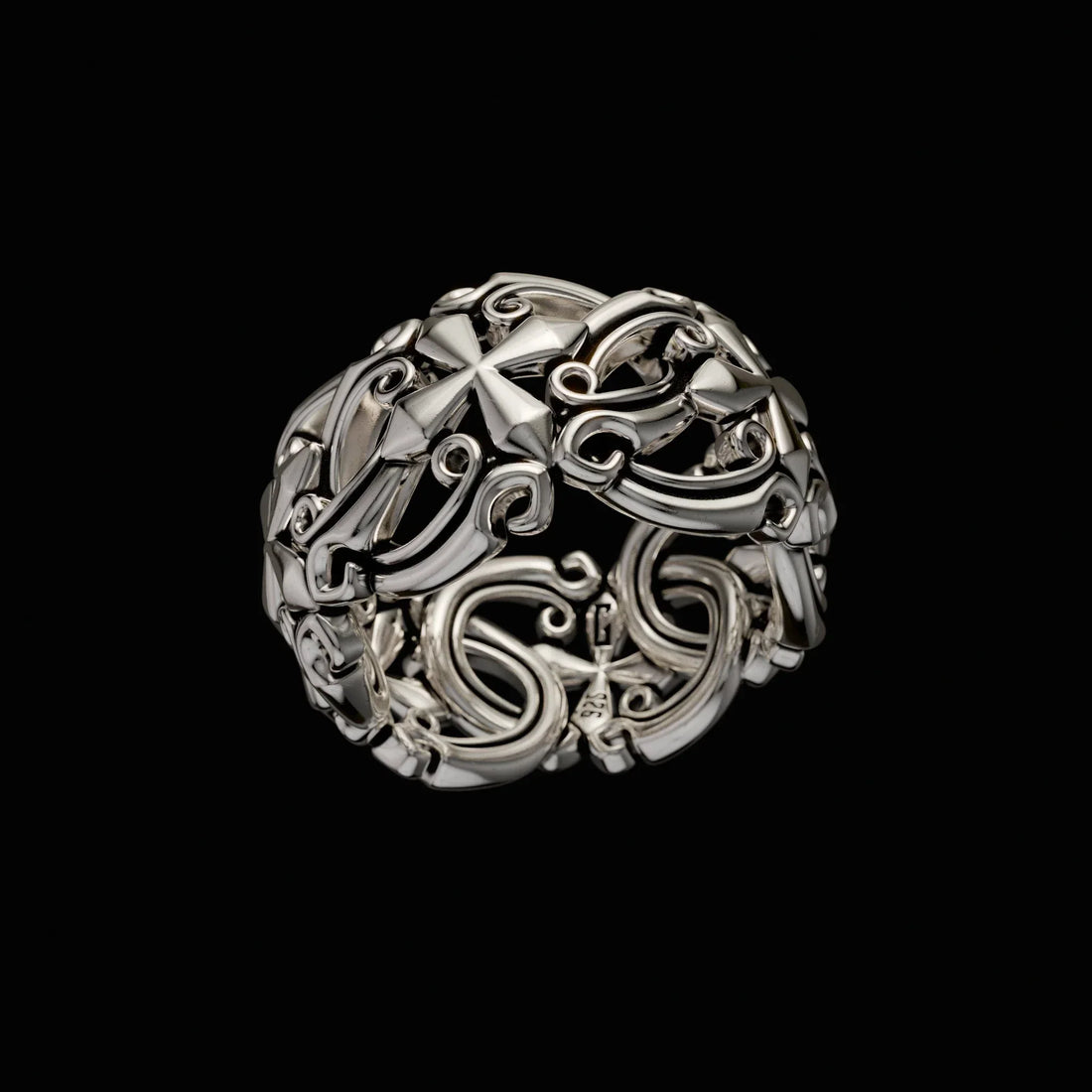 GINTON Neo Genesis Ring Thicc — bold sterling silver statement ring with gothic cross and scrollwork design, heavy dark luxury modern heirloom.