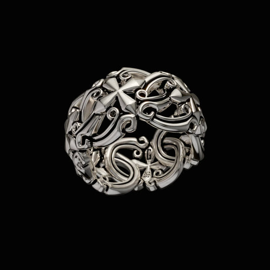 GINTON Neo Genesis Ring Thicc — bold sterling silver statement ring with gothic cross and scrollwork design, heavy dark luxury modern heirloom.