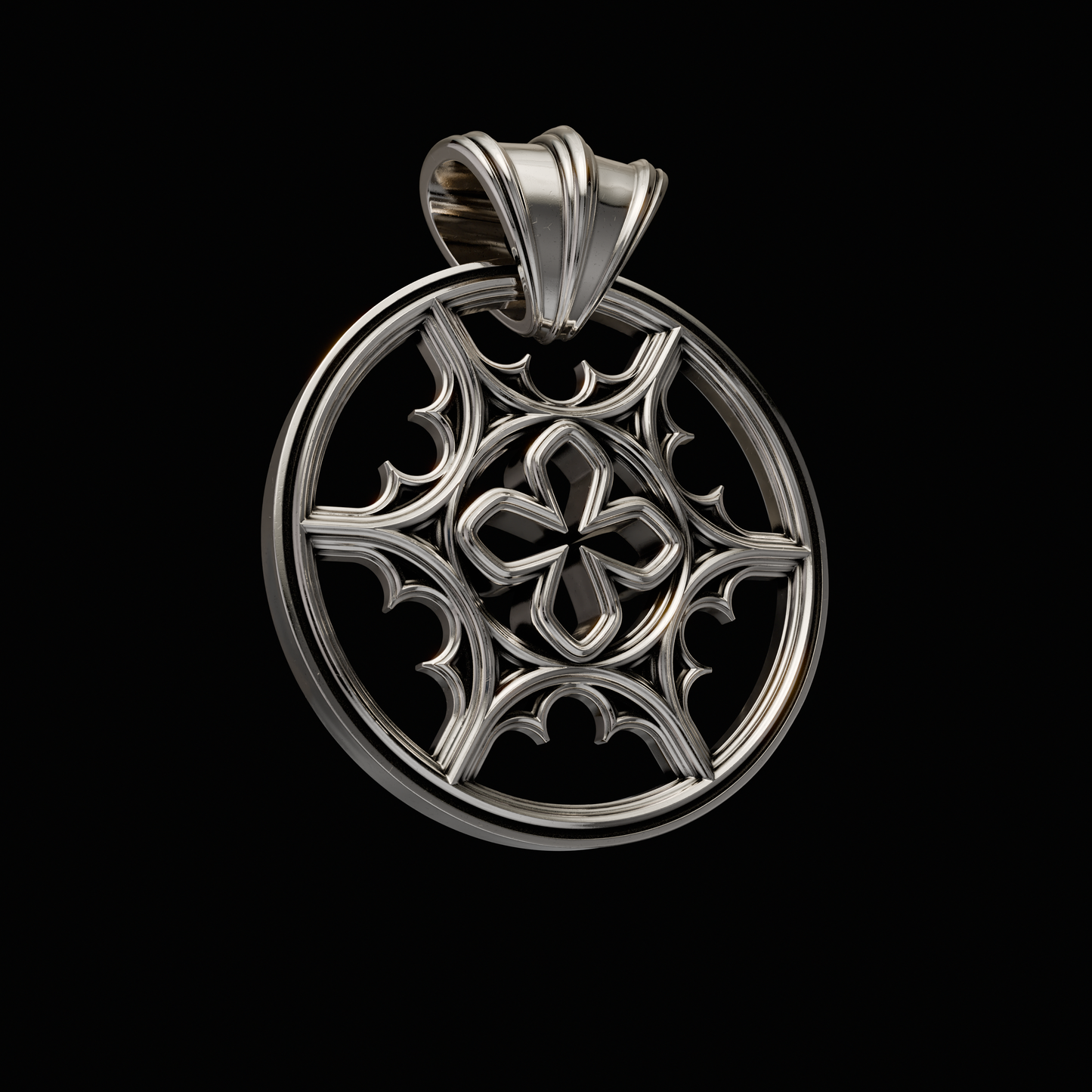 Solid 925 Sterling Silver Pendant.Pendant from the Gothic Quarters collection. Sizes available in Small (1in diameter) and Large (2.5in diameter) Each pendant is independently polished, inspected and made to last a lifetime. Made in U.S.A.For a limited time only.Pendant only - please send a message to order with chain. Side View.
