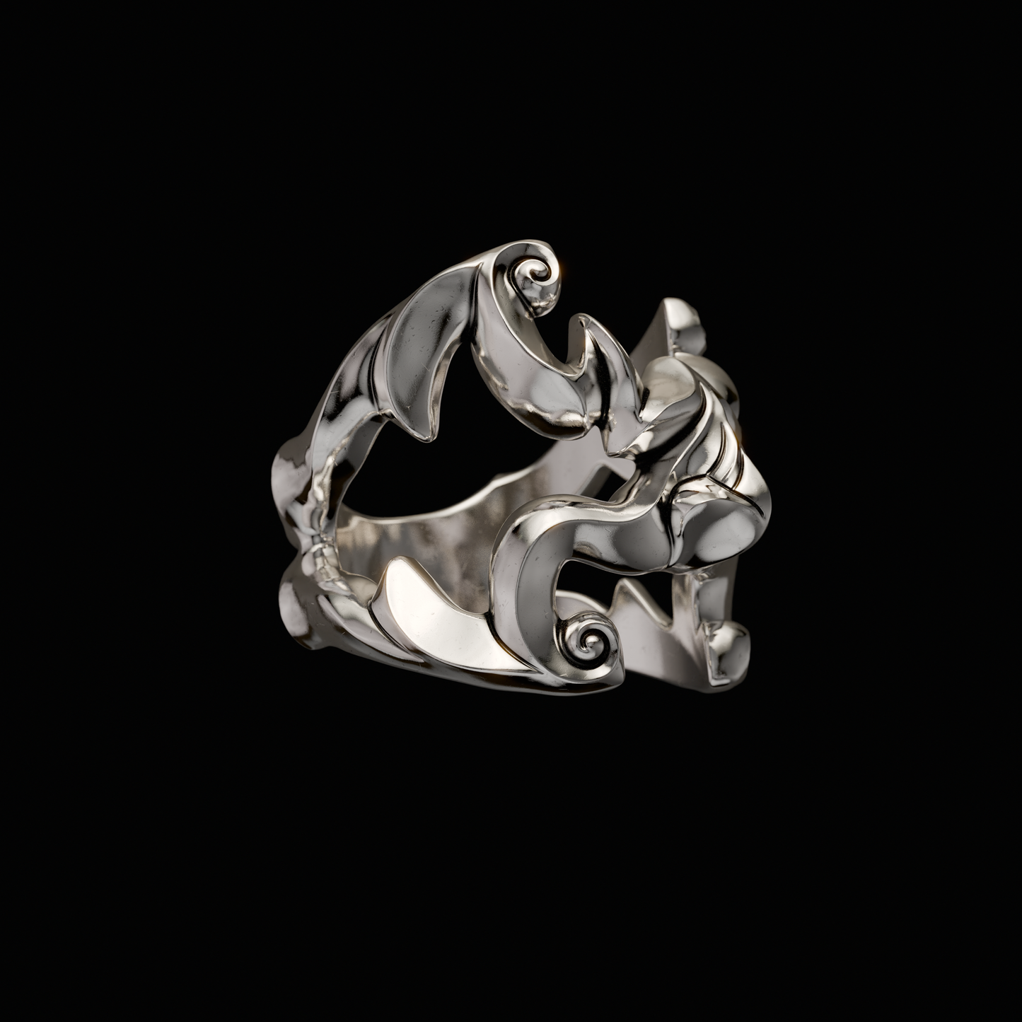 Solid 925 Sterling Silver Ring.Design inspired by expressions of traditional Japanese Oni Masks. Each ring is independently polished, inspected and made to last a lifetime. Made in U.S.A. For a limited time only. Side View.