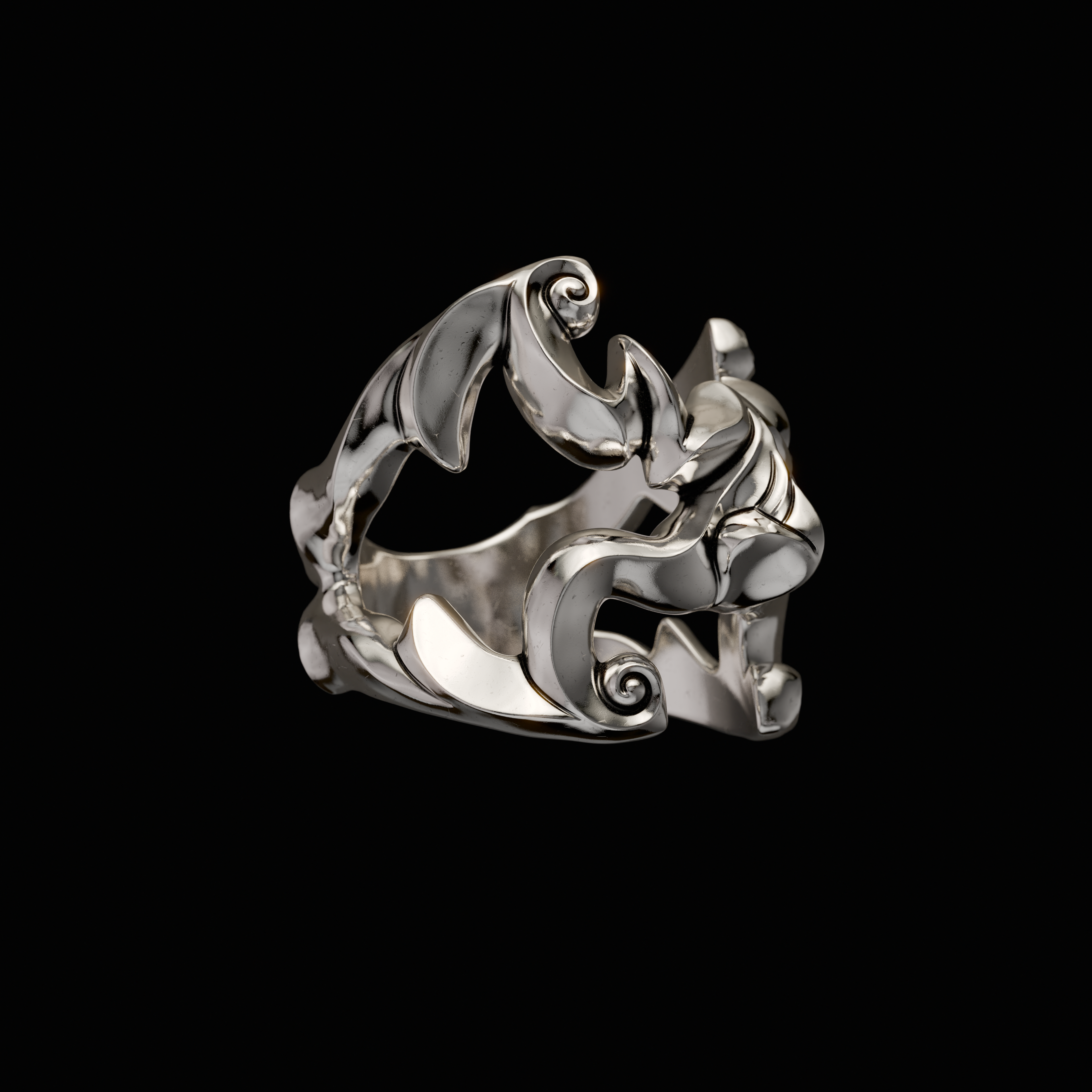 Solid 925 Sterling Silver Ring.Design inspired by expressions of traditional Japanese Oni Masks. Each ring is independently polished, inspected and made to last a lifetime. Made in U.S.A. For a limited time only. Side View.
