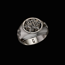 Load image into Gallery viewer, Solid 925 Sterling Silver Ring.Signet Ring from the Gothic Quarters Collection. Each ring is independently polished, inspected and made to last a lifetime. Made in U.S.A.For a limited time only. Diagonal view
