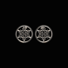 Load image into Gallery viewer, 925 Sterling Silver Hoops.Earrings from the Gothic Quarters Collection. Approximately 0.8 in diameter. One size. Each earring is independently polished, inspected and made to last a lifetime. Made in U.S.A. For a limited time only. Front view. 
